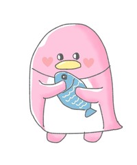 魚を持ったピンクのペンギン