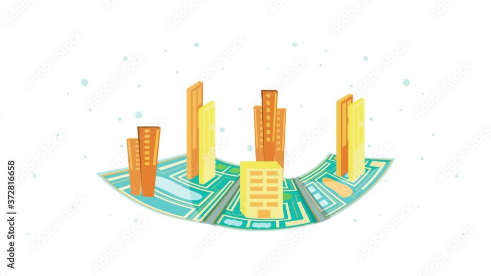 Poster logistic service with buildings in map paper animation