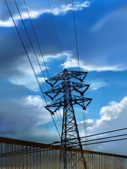 high voltage power lines in summer blue sky