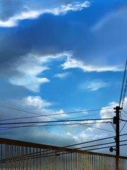 electric pole and old bridge in summer blue sky