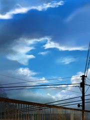 electric pole and old bridge in summer blue sky