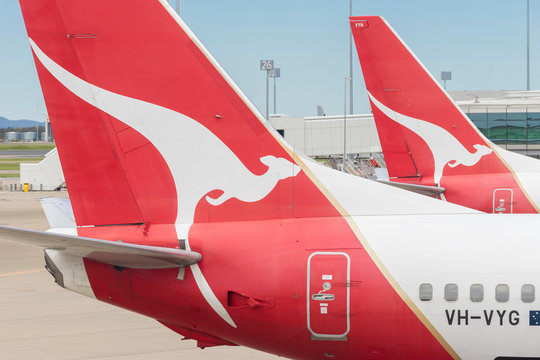 Brisbane, Australia - September 27, 2016: View of Qantas aircraft waiting for departure at Brisbane Airport during daytime. Qantas is Australia's largest domestic and international airline.