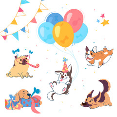 Puppies of different breeds at party: Labrador, Husky, German Shepherd, Pug, American Bulldog. Dogs have a birthday. Husky is flying in balloons. Vector set in cartoon style for party, print, textile