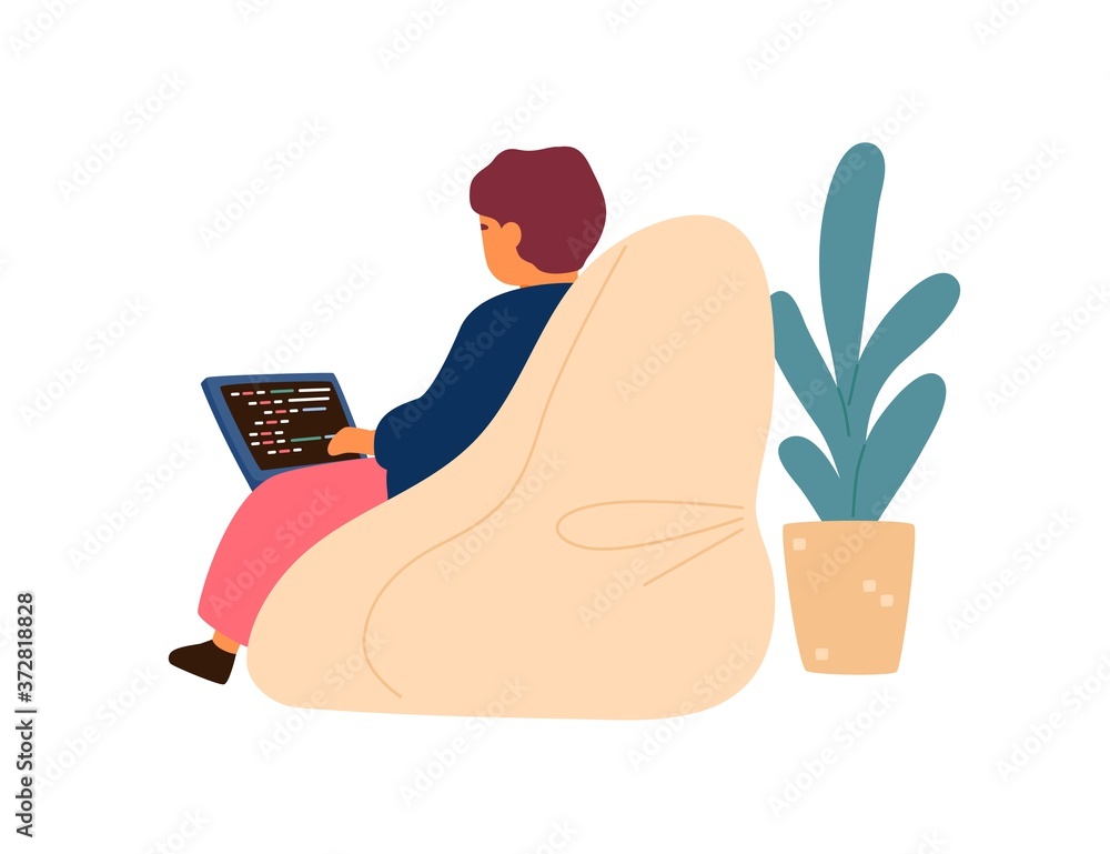 Aufkleber Modern little boy writing programming code use laptop vector flat illustration. Kid sitting on comfy armchair enjoying hobby on computer isolated on white. Software development or program coding