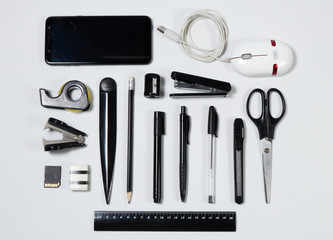 Office items and business elements on a desk. Concept of creative office. Top view.
