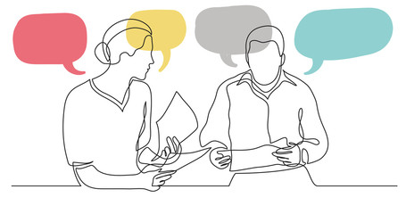 adult man and woman having conversation together - one line drawing with speech bubbles