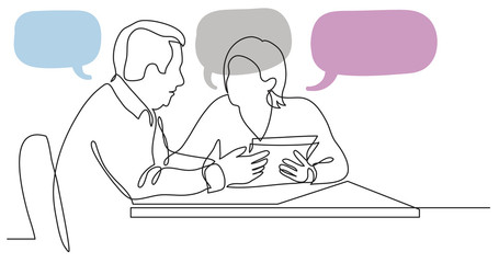 senior man and woman having conversation together - one line drawing with speech bubbles