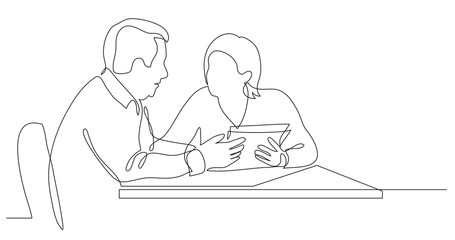 business colleagues discussing papers during working process - one line drawing