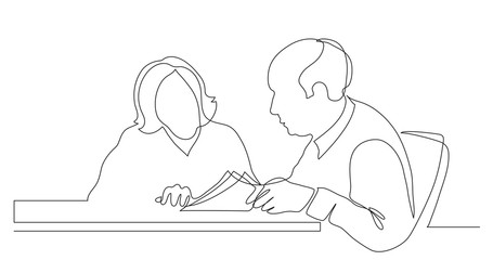 business colleagues discussing papers during working process - one line drawing