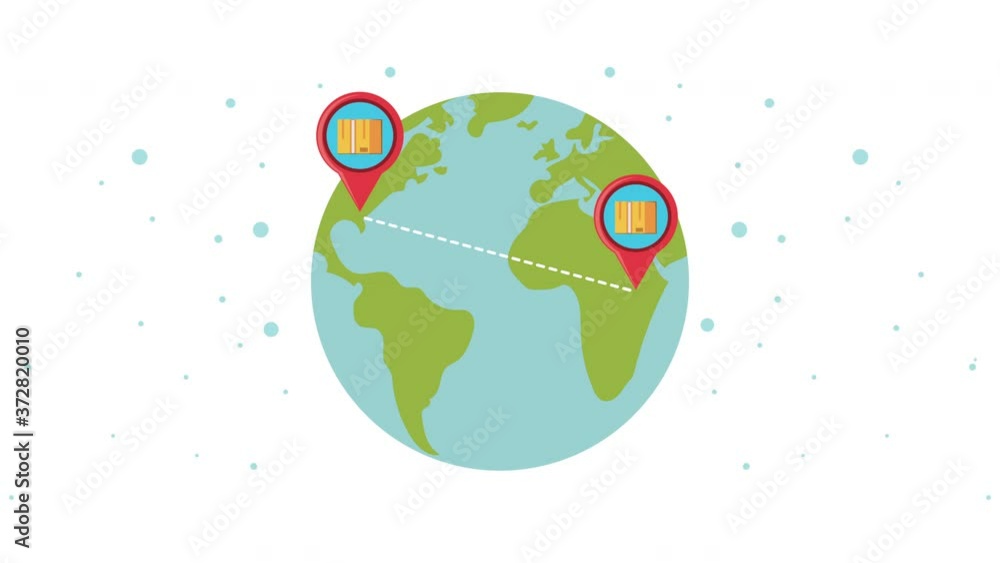 Poster logistic service with boxes in pins location on the earth planet