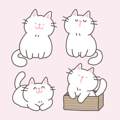 Vector Illustration of Cartoon White Cat Characters on Pink Isolated Background