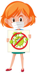 Girl wearing mask and holding stop coronavirus sign