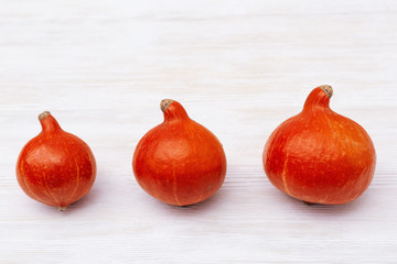 Three small pumpkins in row on white wooden table. Autumn decoration and seasonal vegetables on wood. Selective focus.