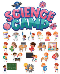 Science camp logo and set of children with education objects isolated