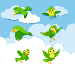 Set of bird character on sky background