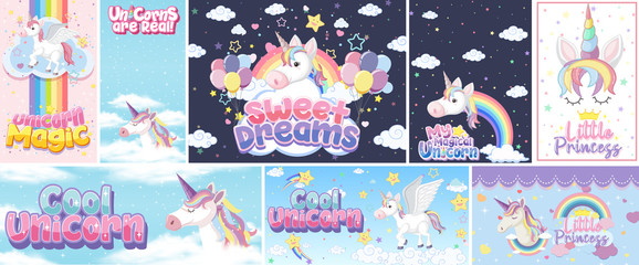 Fototapeta premium Cute unicorn banner on pastel background color