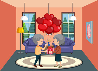 Background scene with old couple having balloons and gift