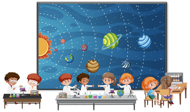 Solar system planets on board and kids wearing scientist costume isolated