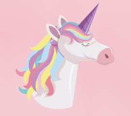Unicorn head with rainbow mane and horn isolated on pink background