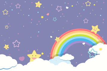 Blank purple sky with rainbow and smiley cute stars
