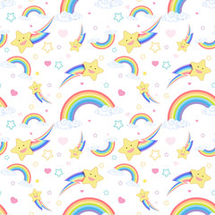 Fototapeta na wymiar Seamless rainbow with cloud and star pattern on white background