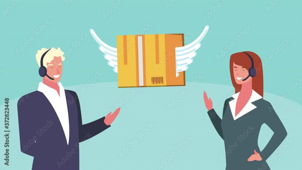 Poster logistic service with support agents and box flying
