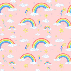 Seamless rainbow with cloud and star pattern on pink background