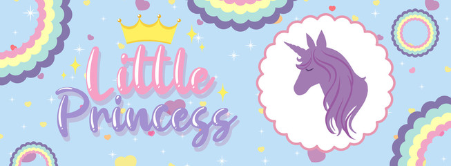 Little princess logo with cute unicorn head silhouette on blue background
