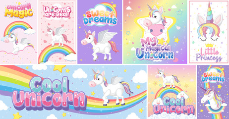 Cute unicorn banner on pastel background color