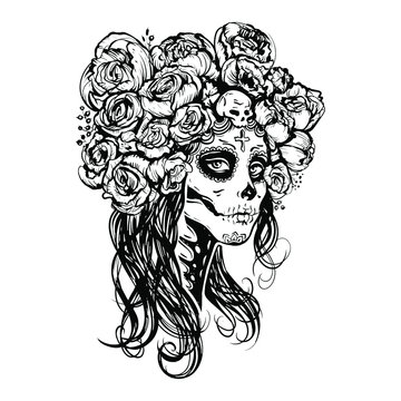 Sugar skull beautiful girl, Halloween makeup. Skeleton woman portrait at Dia de los Muertos, Day of the dead. Hand drawn black and white stock vector illustrtion, sketch for tattoo and coloring book