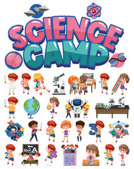 Fototapeta premium Science camp logo and set of children with education objects isolated
