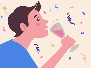 A man drinks alcohol from a glass at a party. The guy is surrounded by serpentine and tinsel. Celebrating with friends. Vector flat illustration