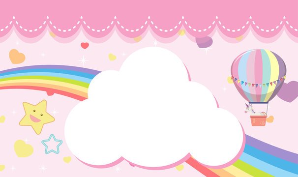 Blank banner with rainbow and hot air balloon in the sky theme on pink background