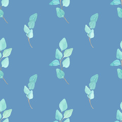 Watercolor seamless pattern with eucalyptus branches on a blue background. For textiles, Wallpaper, invitations, wedding design, packaging paper. Hand drawing.