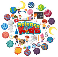 Science kids logo with many planets in circle shape