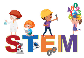 Stem logo with kids in many education activities isolated