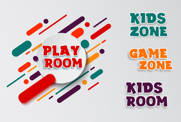 Kids zone entertainment banner. Colorful letters for children's playroom decoration. Sign for children's game room. Kids zone and party room area design.