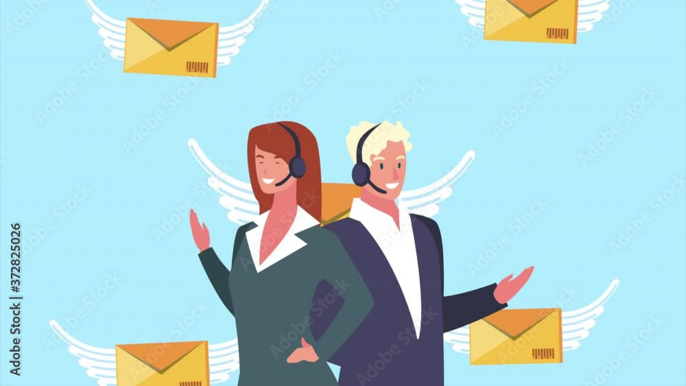Poster logistic service with support agents and envelopes flying
