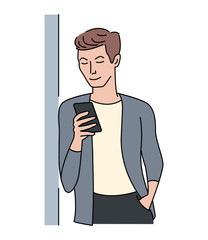 The man leans his shoulder against the wall and looks at the phone screen. Black outline. Isolated on a white background. Vector illustration.