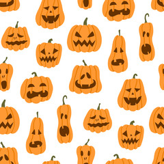 Halloween pumpkin seamless pattern. Hand drawn vector illustration on white background