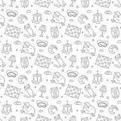 Sleep seamless pattern in doodle style. Good night symbols - moon, lamp, sleeping cat, pillow and more. Hand drawn vector illustration