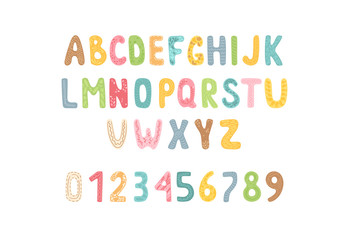 Colored alphabet and numbers set. Hand drawn letters on white background. Isolated characters collection. Abstract vector illustration. School kids print.