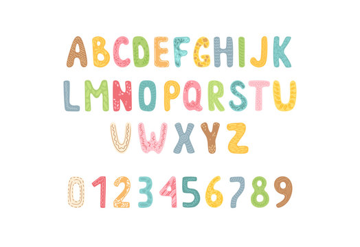 Colored alphabet and numbers set. Hand drawn letters on white background. Isolated characters collection. Abstract vector illustration. School kids print.