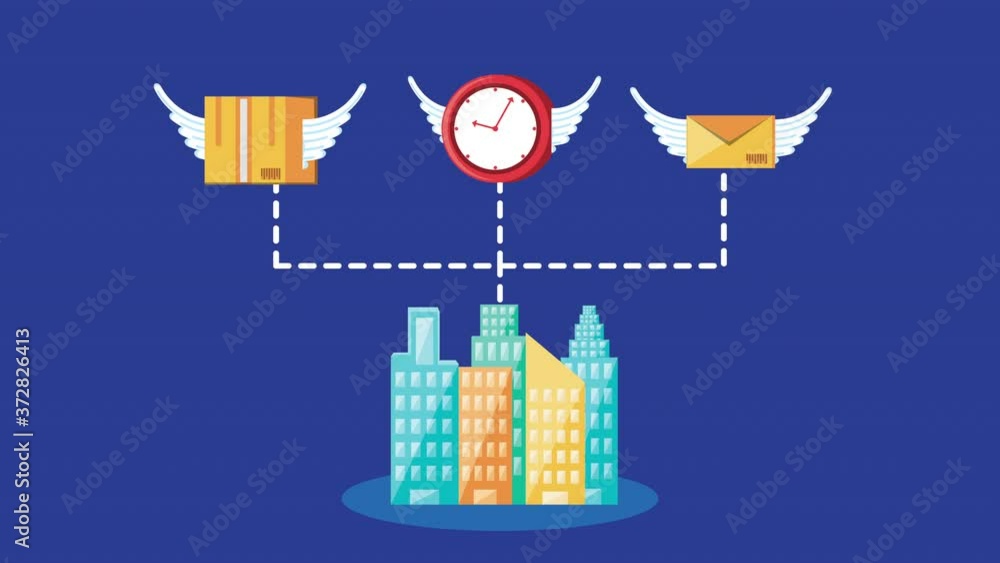 Poster logistic service with buildings in map paper and set items flying