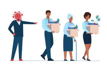Obraz premium The coronavirus leaves people unemployed. A fired African man and women leave the office with a box in their hands. Job loss due to covid-19 virus, economic downturn. Dismissed employeest. Vector.