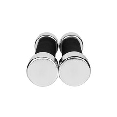 Two dumbbells on white background isolated close up, metal barbells with black arm set, pair of iron fitness bar-bells, sport equipment, bodybuilding concept, healthy lifestyle, gym training, nobody