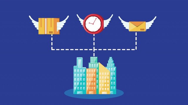 logistic service with buildings in map paper and set items flying
