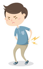 A cartoon style man with backache.