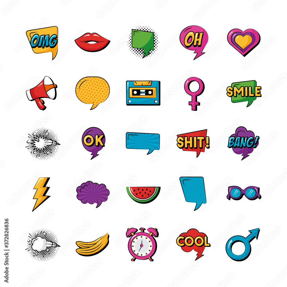 Poster bundle of twenty five pop art set collection icons