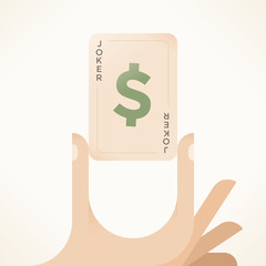 Business joker playing card and dollar symbol sign. Concepts: argument, negotiations, tricks, fortune, management, leadership, luck, lottery win, success, profit, money making, investments efficiency